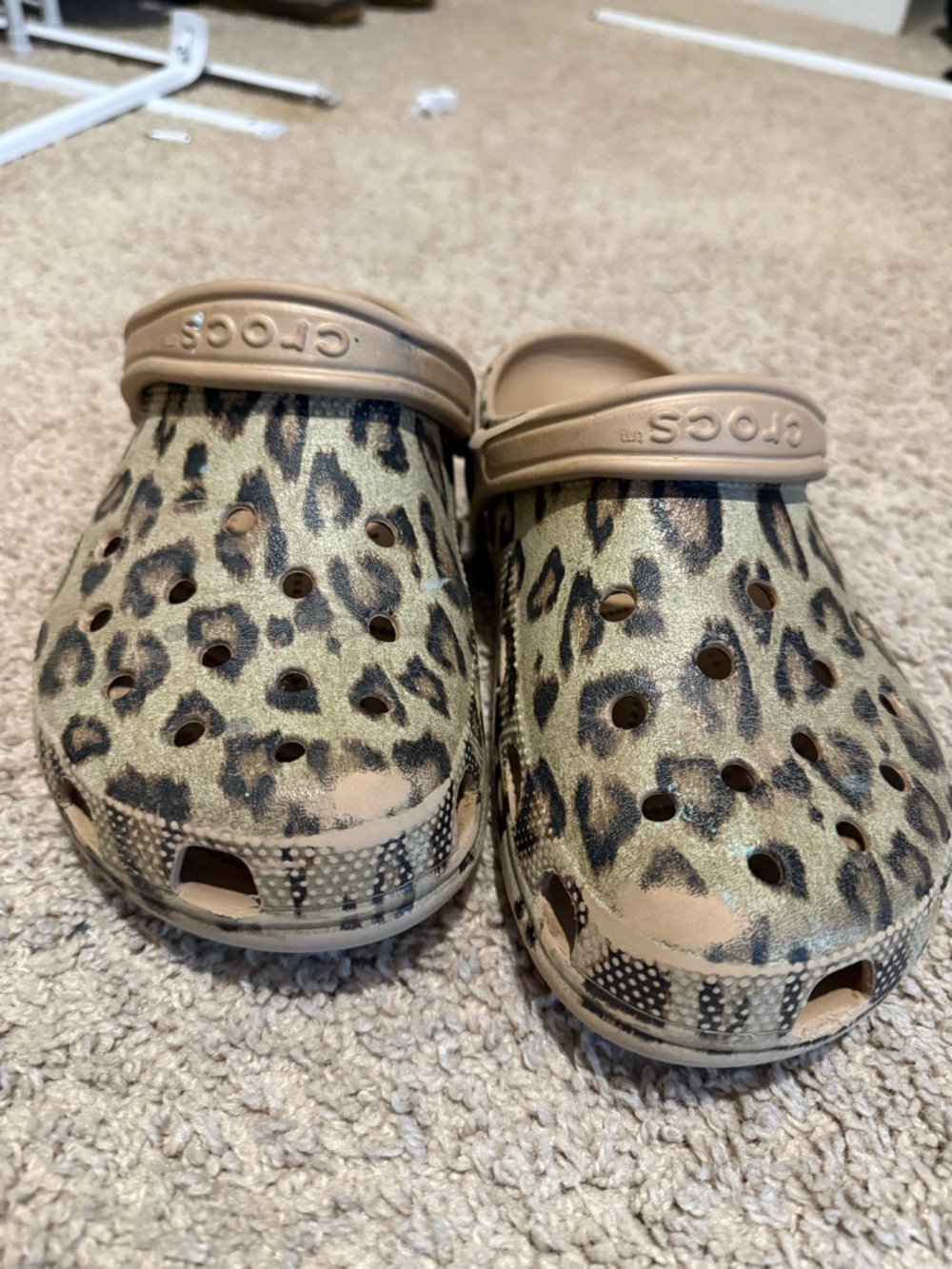 CROCS Leopard Print Clogs in Tan and Black